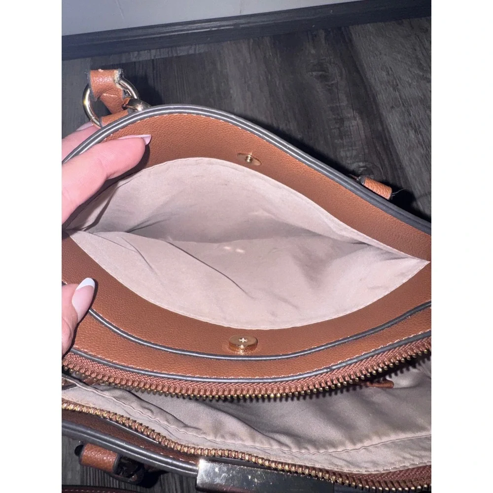 Nine West Cognac Brown Faux Leather Suede Trim Satchel Crossbody Handbag